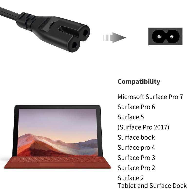 ANYQOO 6 Feet Power Adapter Extension Cord Wall Cord Cable for Microsoft Surface Pro X, Pro 9, Pro 8, Pro 7, Pro 6, Pro 5, Pro 4, Pro 3, Pro 2, Surface Dock,Surface RT Table PC, PS4/PS3/XBOX(Black) - Image 2